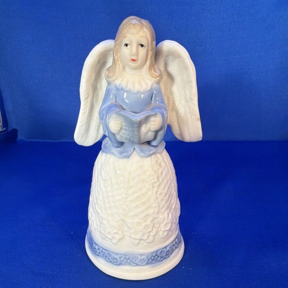 Vintage 2004 "Joy" Angel Bell - Blue & White Porcelain Figurine 5.5"